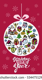 Hand drawn stylizaed Christmas tree Ball. Doodle design, vector illustration. Stylized design ball with xmas toys, balls, stars and snowflakes