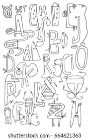 Hand drawn stylized alphabet set. Flat vector style illustration. Sign theme. Lettering. Can be used as texture for cards, invitations, DIY projects, web sites or for any other design.