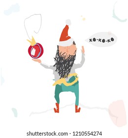 Hand drawn stylized art poster New year. Flat vector santa claus style illustration. Cartoon elf. (Can be used as texture for cards, invitations, DIY, web sites or for any other design.)