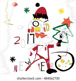 Hand drawn stylized art poster New year with unique lettering. Flat lettering style vector illustration. (Can be used as texture for cards, invitations, DIY, web sites or for any other design.)