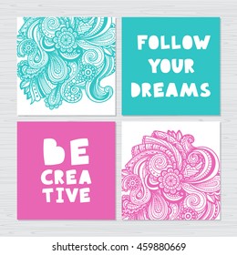 Hand drawn stylized background and motivational quotes set. Vector illustration.