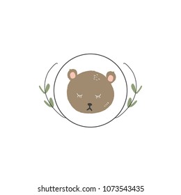 Hand drawn stylized bear, circle badge. Scandinavian style, cozy cute art. Clipart, vector elements.