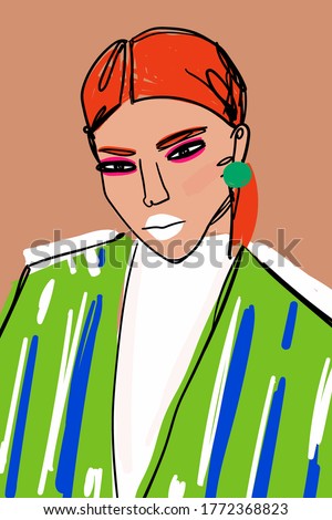 Hand drawn stylized beautiful lady. Pretty young red haired woman portrait. Sketch style. Stylish fashion model. Fancy look. Trendy modern clothes. Vector illustration. Cool design. Print idea