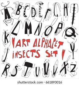 Hand drawn stylized beetle alphabet set. Flat vector style illustration. Insect theme. Lettering. Can be used as texture for cards, invitations, DIY projects, web sites or for any other design.