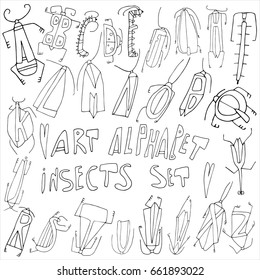 Hand drawn stylized beetle alphabet set. Flat vector style illustration. Insect theme. Lettering. Can be used as texture for cards, invitations, DIY projects, web sites or for any other design.