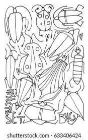 Hand drawn stylized beetle set black color. Flat style illustration. Insect theme. Lettering. (Can be used as texture for cards, invitations, DIY projects, web sites or for any other design.)