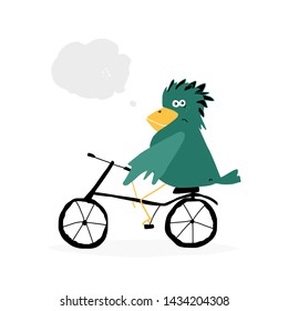 Hand drawn stylized bird by bike. Vector trandy flat style cartoon dino. Character vector. Sport.