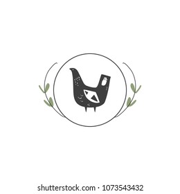 Hand drawn stylized bird, circle badge. Scandinavian style, cozy cute art. Clipart, vector elements.