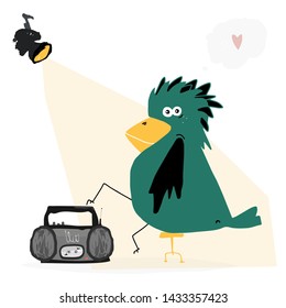 Hand drawn stylized bird with music player. Vector trandy flat style cartoon bird. Music festival. Character vector.