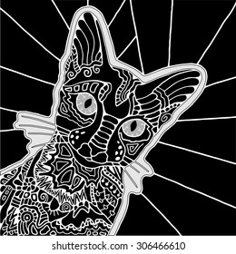 Hand drawn stylized black cat with decorative tribal ethnic ornament. Graphics for t-shirt, poster, isolated element for invitation or card design, tattoo style, black and white vector illustration