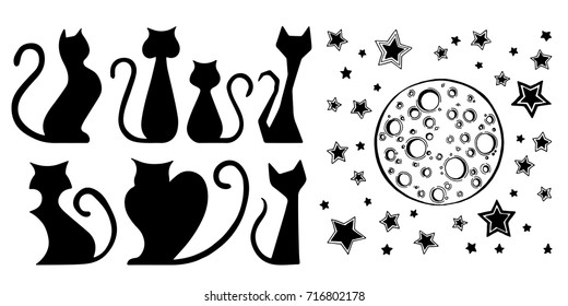 Hand drawn stylized black cats and night sky illustration set.
Vector cats, moon and star silhouettes.