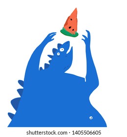Hand drawn stylized blue dinosaur. Vector trendy flat style cartoon dino. Food festival. Character vector. Summer time. Watermelon.