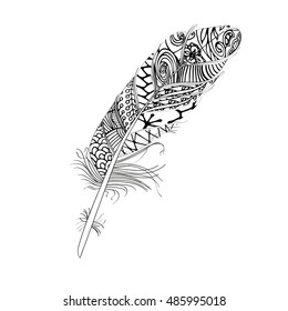 Hand drawn stylized boho feather and doodle tribal ornamental black feather. Isolated icon. Decorative vintage graphic vector art.