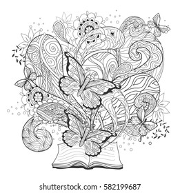Hand drawn stylized book and butterfly. Page for adult anti-stress coloring book
Vector illustration
