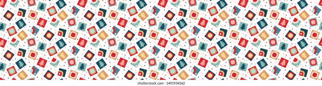 Hand drawn stylized border with Christmas tree . Horizontal seamless edging pattern. Fir confetti traditional winter holiday ribbon trim . Vector banner washi tape.