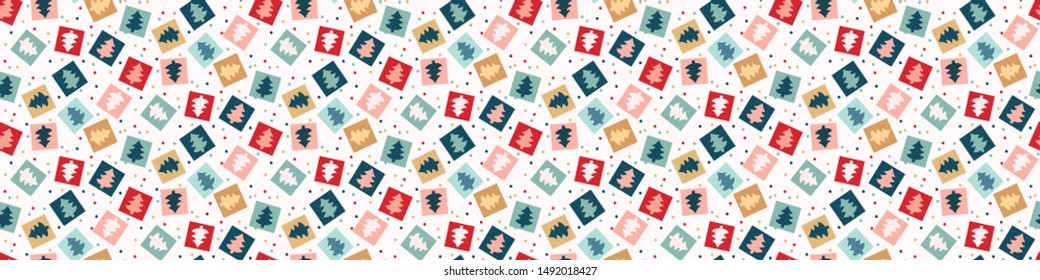 Hand drawn stylized border with Christmas tree . Horizontal seamless edging pattern. Fir confetti traditional winter holiday ribbon trim . Vector banner washi tape.