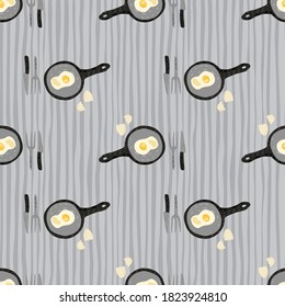 Hand drawn stylized breakfast pattern with eggs meal. Pans, knife and folks with omelette meal. Stripped grey background. Perfect for wallpaper, textile, wrapping, fabric print. Vector illustration