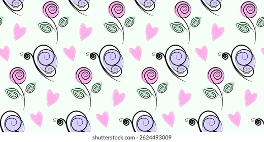 Hand drawn Stylized Butterflies, Rose on stem and Decorative hearts Seamless Pattern Pink and Purple