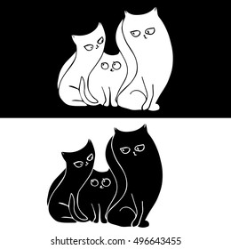 Hand drawn stylized cat family. Black and white.
