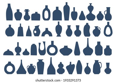 Hand drawn stylized Ceramic Vase set. Silhouettes of monochrome flower vases, earthenware jugs. Boho style. Design Elements for poster, wall art print. Vector illustration isolated on white background