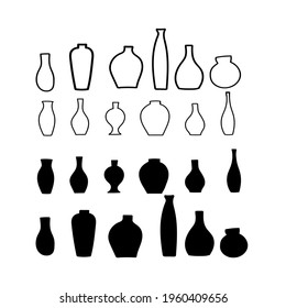 Hand drawn stylized Ceramic Vase set. Boho style. Design Elements for poster, wall art print. Vector illustration isolated on white background. Vector Eps10.