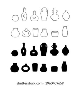 Hand drawn stylized Ceramic Vase set. Boho style. Design Elements for poster, wall art print. Vector illustration isolated on white background. Vector Eps10.