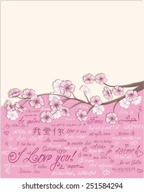 Hand Drawn stylized Cherry Blossoms and text "I love you" in many languages