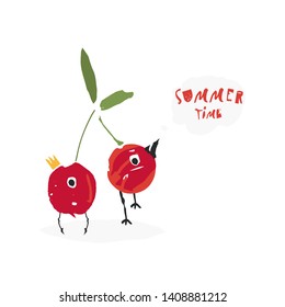Hand drawn stylized cherry. Cartoon cherry. Flat style vector illustration. Food festival.