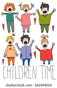 Hand drawn stylized children set bright color. Flat vector style illustration. People theme. Lettering. (Can be used as texture for cards, invitations, DIY projects, web sites or for any other design)