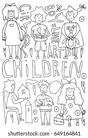 Hand drawn stylized children set black color. Flat vector style illustration. People theme. Lettering. (Can be used as texture for cards, invitations, DIY projects, web sites or for any other design.)