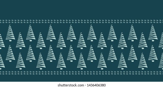 Hand drawn stylized Christmas tree border pattern. Geometric abstract fir forest on green background. Cute winter holiday banner ribbon.  Festive yule gift masking washi tape. Vector illustration 