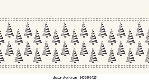 Hand drawn stylized Christmas tree border pattern. Geometric abstract fir forest on ecru white background. Cute winter holiday banner ribbon. Festive yule gift masking washi tape. Vector illustration 