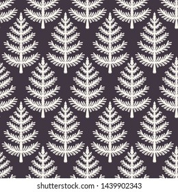 Hand drawn stylized Christmas tree pattern. Geometric abstract fir forest. Black white background. Cute winter holiday all over print. Festive yule gift wrap paper illustration. Seamless vector swatch