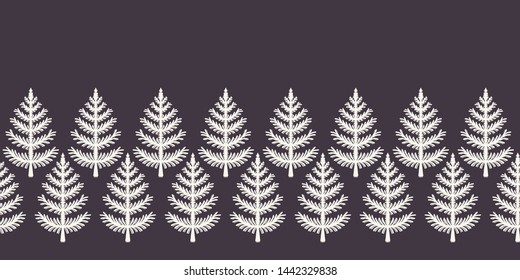 Hand drawn stylized Christmas tree border pattern. Geometric abstract fir forest on ecru white background. Cute winter holiday banner ribbon. Festive yule gift masking washi tape. Vector illustration 