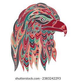 Hand drawn stylized colored eagle head. Abstract ethnic image with predatory bird, colorful patterns of feathers. Ornament logo, emblem, tattoo. Vector sketch illustration isolated on white background