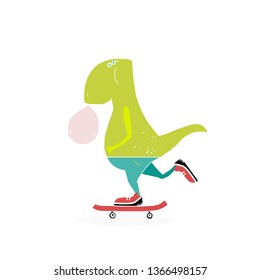 Hand drawn stylized dinosaur with skateboard. Vector trandy flat style cartoon dino. Character vector. Sport.