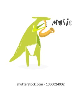 Hand drawn stylized dinosaur with trumpet. Vector trendy flat style cartoon dino. Music festival. Character vector.