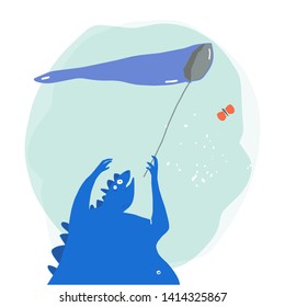 Hand drawn stylized dinosaur. Vector trendy flat style cartoon dino. Summer time. Character vector. Butterfly net.