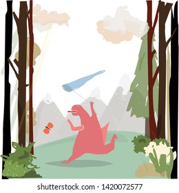 Hand drawn stylized dinosaur. Vector trendy flat style cartoon dino. Summer time. Character vector. Butterfly net.