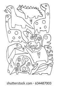 Hand drawn stylized dinosaurs set black color. Flat outline vector style illustration. Animals theme. (Can be used as texture for cards, invitations, DIY projects, web sites or for any other design.)
