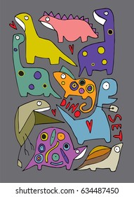 Hand drawn stylized dinosaurs set bright color. Flat vector style illustration. Animals theme. (Can be used as texture for cards, invitations, DIY projects, web sites or for any other design.)