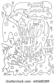 Hand drawn stylized dinosaurs set black color. Flat vector outline style illustration. Animals theme. (Can be used as texture for cards, invitations, DIY projects, web sites or for any other design.)