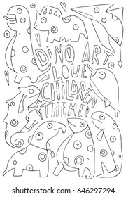 Hand drawn stylized dinosaurs set black color. Flat vector outline style illustration. Animals theme. (Can be used as texture for cards, invitations, DIY projects, web sites or for any other design.)