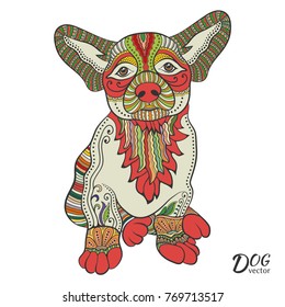 Hand drawn stylized dog, cartoon puppy pet for coloring book page, symbol of 2018 Chinese New Year. Freehand sketch drawing. Zen-doodle style art. Colorful graphic illustration
