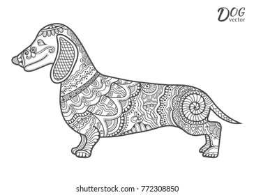 Hand drawn stylized dog, cartoon puppy pet for coloring book page, symbol of 2018 Chinese New Year. Freehand sketch drawing. Zen-doodle style art. Black and white graphic illustration