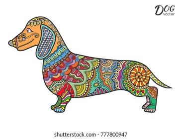 Hand drawn stylized dog, cartoon puppy pet for coloring book page, symbol of 2018 Chinese New Year. Freehand sketch drawing. Zen-doodle style art. Colorful graphic illustration