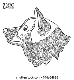 Hand drawn stylized dog for coloring page, symbol of 2018 Chinese New Year. Freehand sketch drawing for adult antistress colouring book. Zen-doodle style art. Black and white graphic illustration