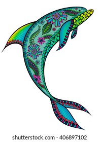 Hand drawn stylized dolphin with abstract colorful background. Vector illustration in zentangle style  isolated on white background. Sketch for tattoo, t-shirt