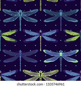Hand drawn stylized dragonflies seamless pattern for girls, boys, clothes. Creative background with insect. Funny wallpaper for textile and fabric. Fashion style. Colorful bright