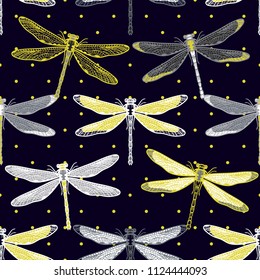 Hand drawn stylized dragonflies seamless pattern for girls, boys, clothes. Creative background with insect. Funny wallpaper for textile and fabric. Fashion style. Colorful bright